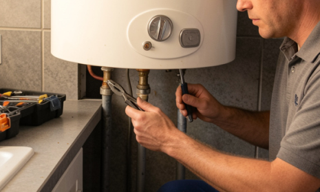 Técnico conectando con alicates las tuberías de un termo eléctrico durante su instalación en Barcelona