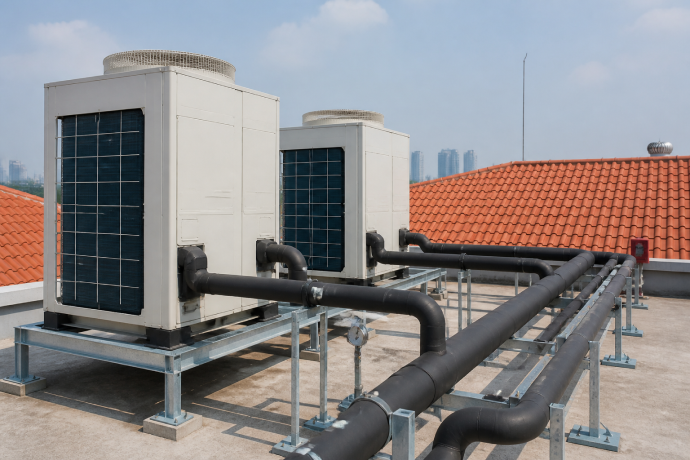 Unidades exteriores de un sistema VRV instaladas en la azotea de un edificio en Barcelona