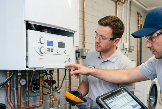 T&eacute;cnico de Tecnics BCN SAT reparando el panel el&eacute;ctrico de un termo durante un servicio en Barcelona