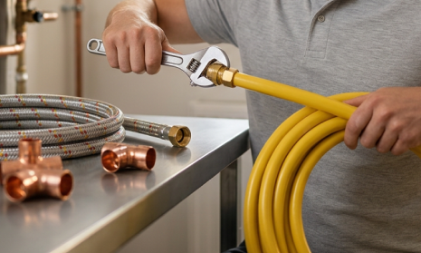 T&eacute;cnico ajustando los mandos de un calentador de gas en una cocina durante su instalaci&oacute;n en Barcelona