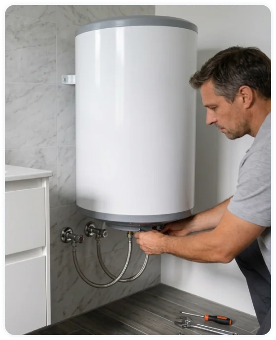 Técnico instalando un termo eléctrico en la pared de un baño con mármol en Barcelona