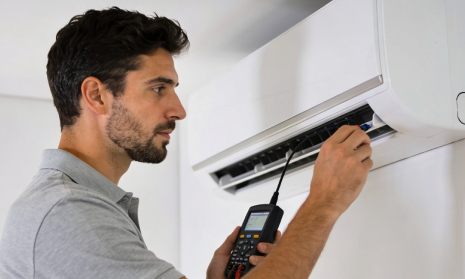 Técnico ajusta unidad interior en una instalación de aire acondicionado en Barcelona