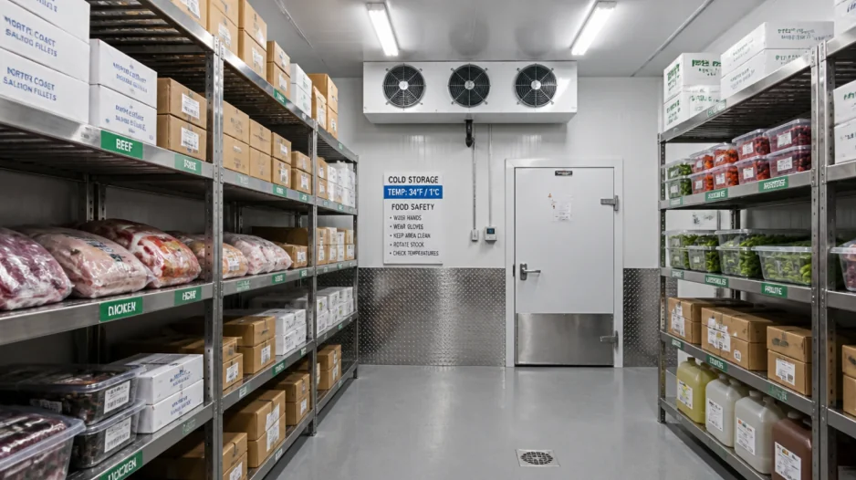 Estanterías de una cámara de conservación de alimentos con cajas de producto envasado en Barcelona
