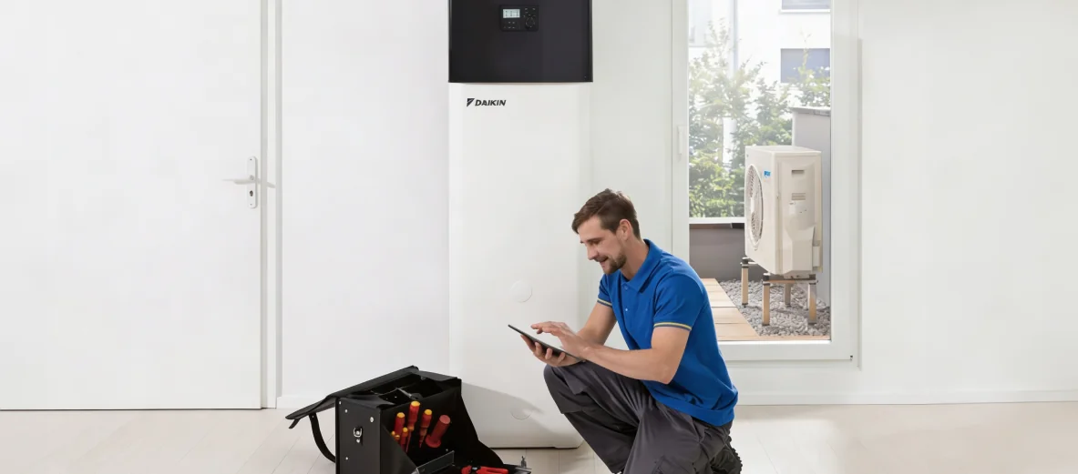 Técnico con tablet diagnosticando una unidad interior Daikin durante una reparación de aerotermia en Barcelona