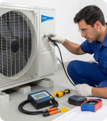 Técnico revisando el ventilador de una unidad exterior con equipos de medición durante un mantenimiento de aerotermia en Barcelona