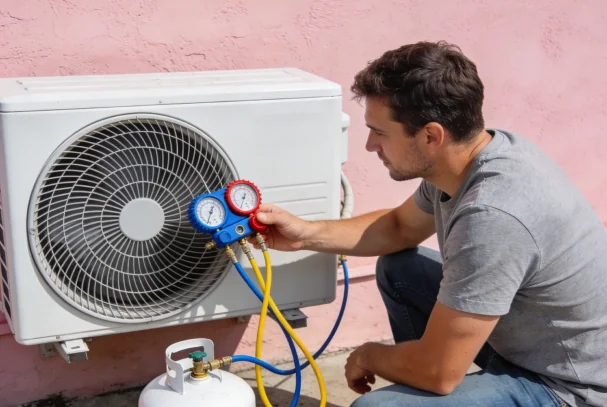 Técnico midiendo la presión de refrigerante de una unidad exterior durante una reparación de aire acondicionado en Barcelona