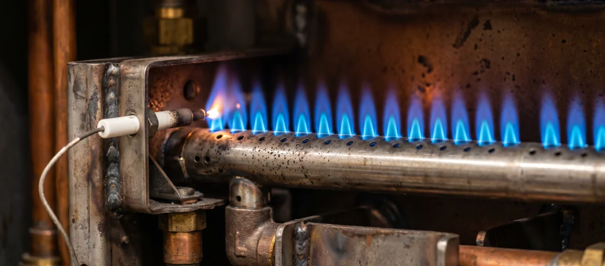Quemador de gas de un calentador encendido durante una revisión previa a su reparación en Barcelona