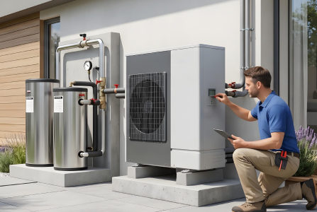 T&eacute;cnico instalando bomba de calor en una vivienda de Barcelona