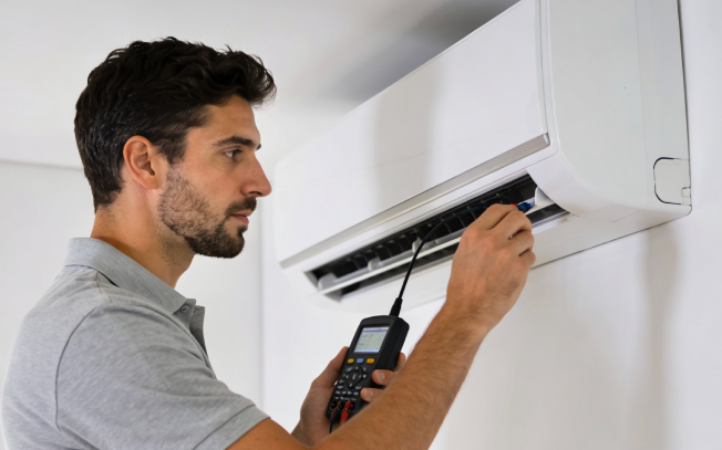 Técnico diagnosticando con equipo digital una unidad de aire acondicionado durante una reparación en Barcelona