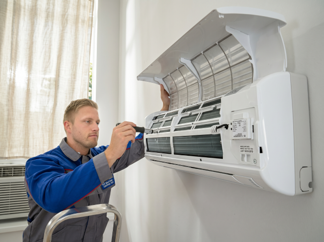 Técnicos expertos en climatización realizan el mantenimiento de un split interior en Barcelona