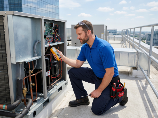Técnicos expertos en climatización reparan un aire acondicionado en una azotea de Barcelona